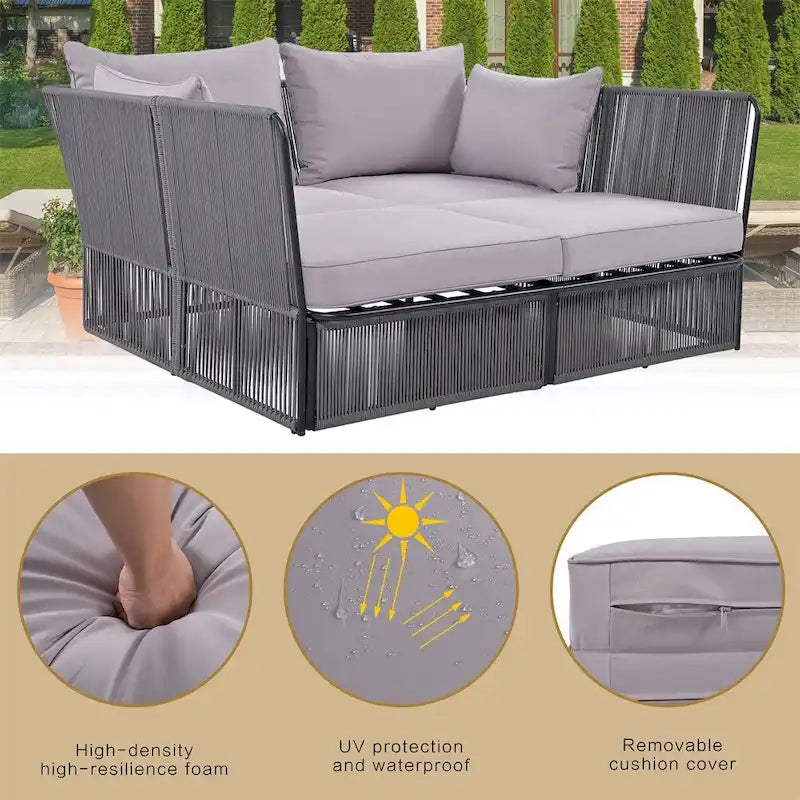2 Piece Outdoor Loveseat Daybed Set with Tempered Glass Table