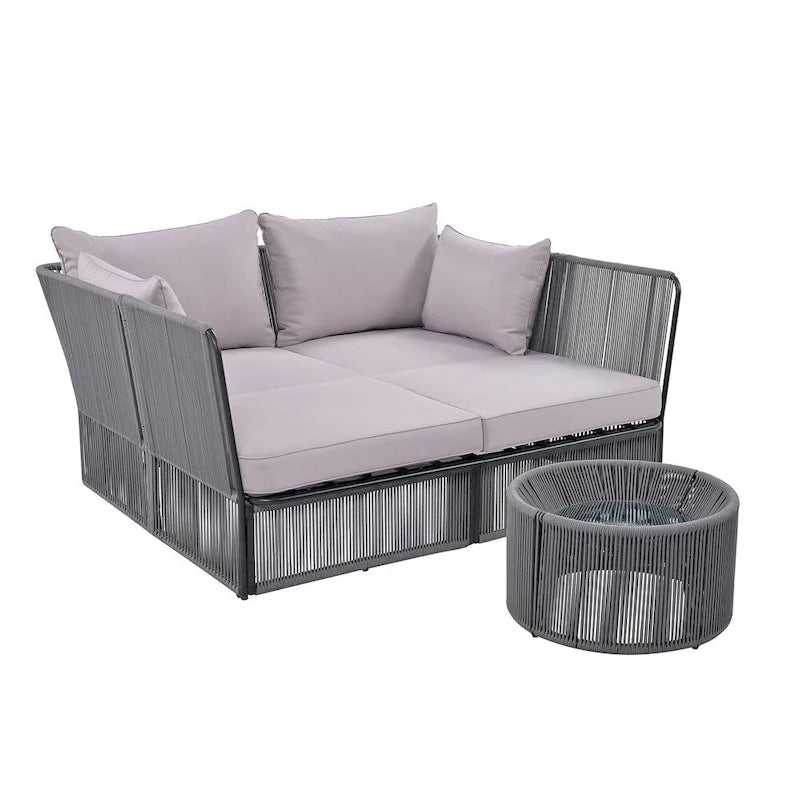 2 Piece Outdoor Loveseat Daybed Set with Tempered Glass Table