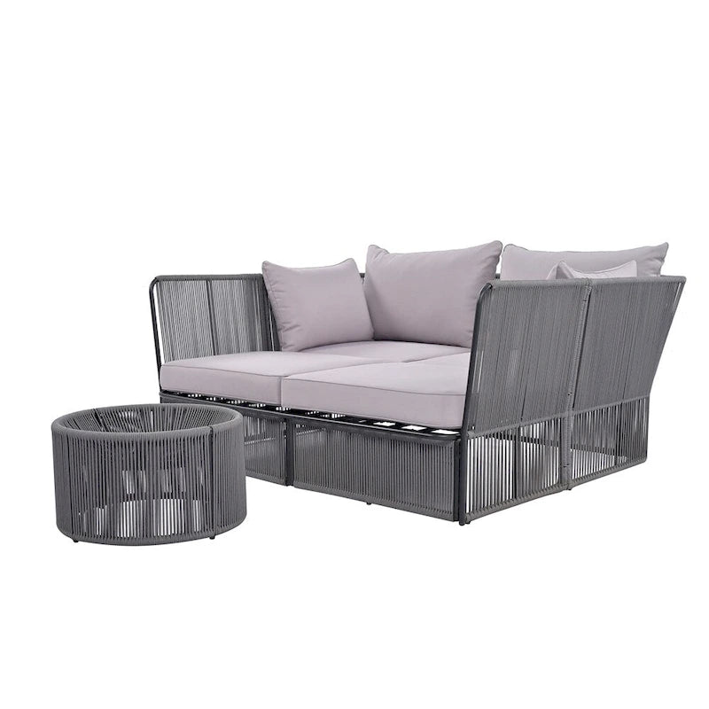 2 Piece Outdoor Loveseat Daybed Set with Tempered Glass Table