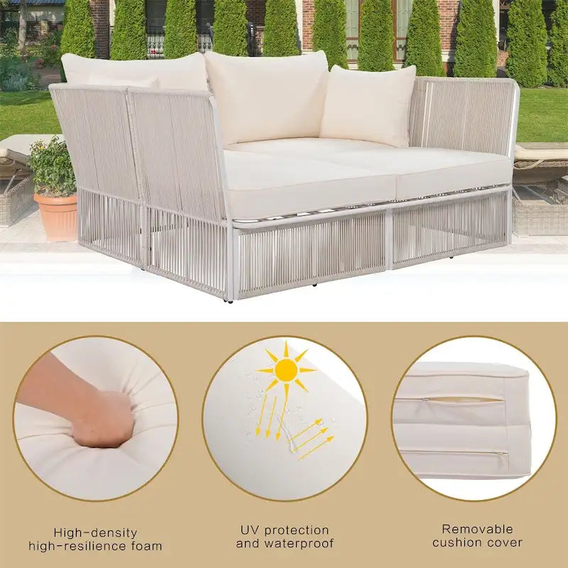 2 Piece Outdoor Loveseat Daybed Set with Tempered Glass Table