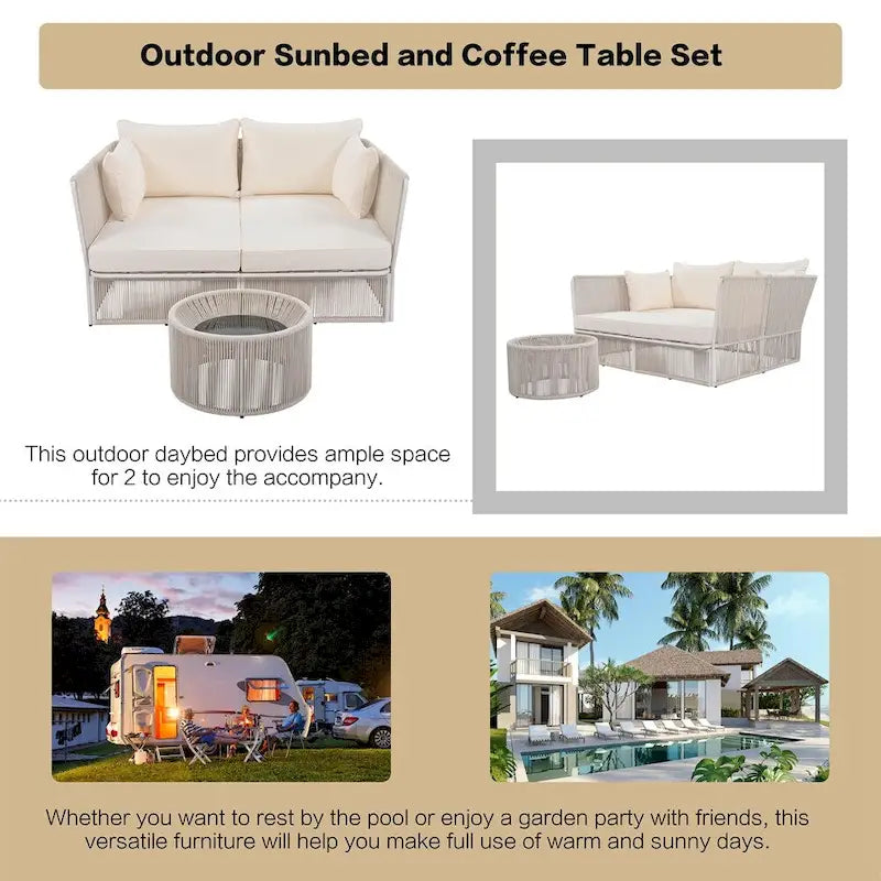 2 Piece Outdoor Loveseat Daybed Set with Tempered Glass Table