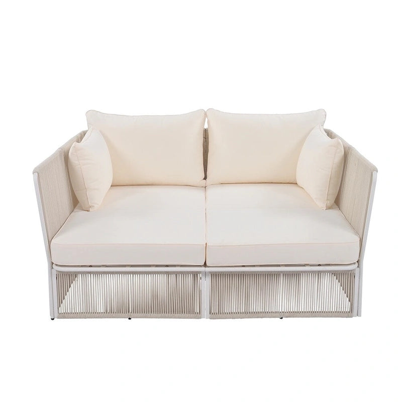 2 Piece Outdoor Loveseat Daybed Set with Tempered Glass Table