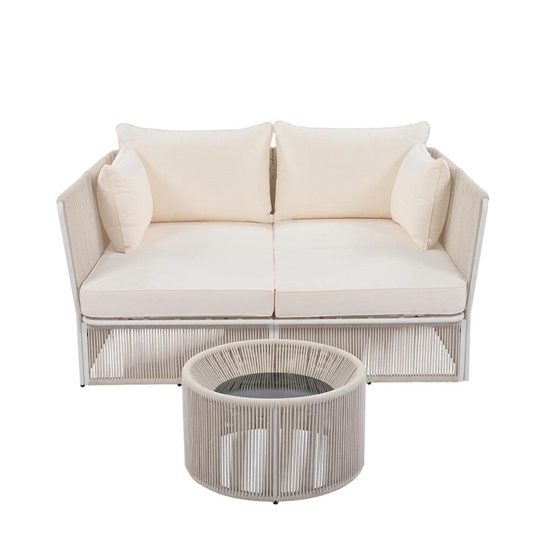 2 Piece Outdoor Loveseat Daybed Set with Tempered Glass Table