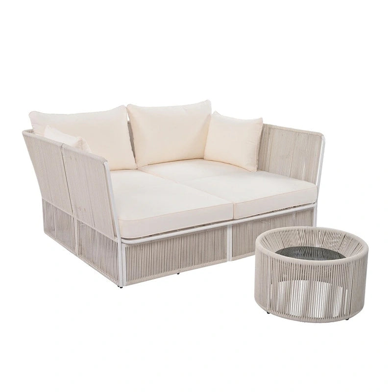 2 Piece Outdoor Loveseat Daybed Set with Tempered Glass Table