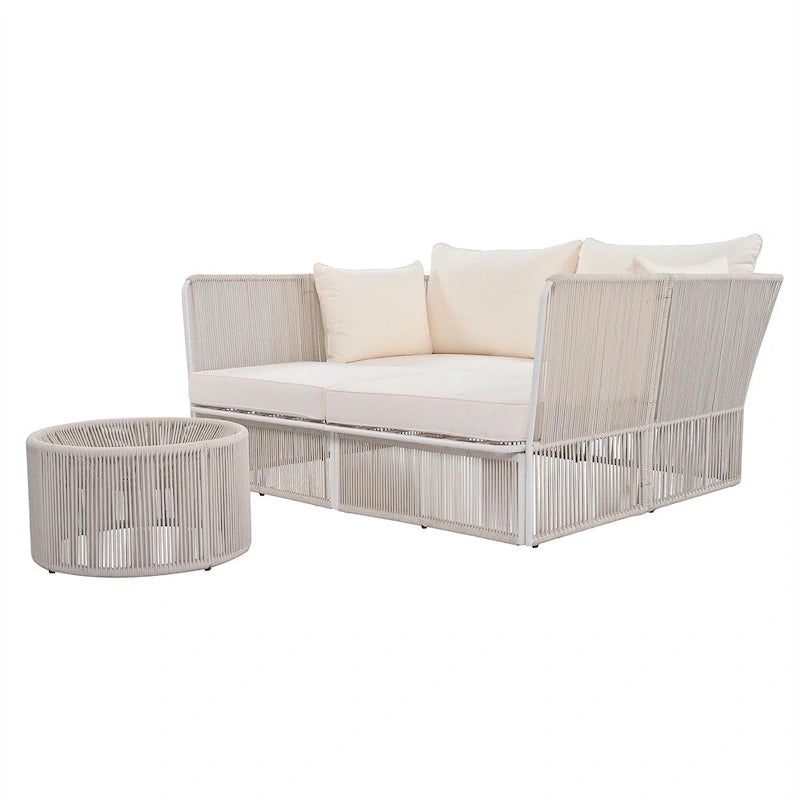 2 Piece Outdoor Loveseat Daybed Set with Tempered Glass Table