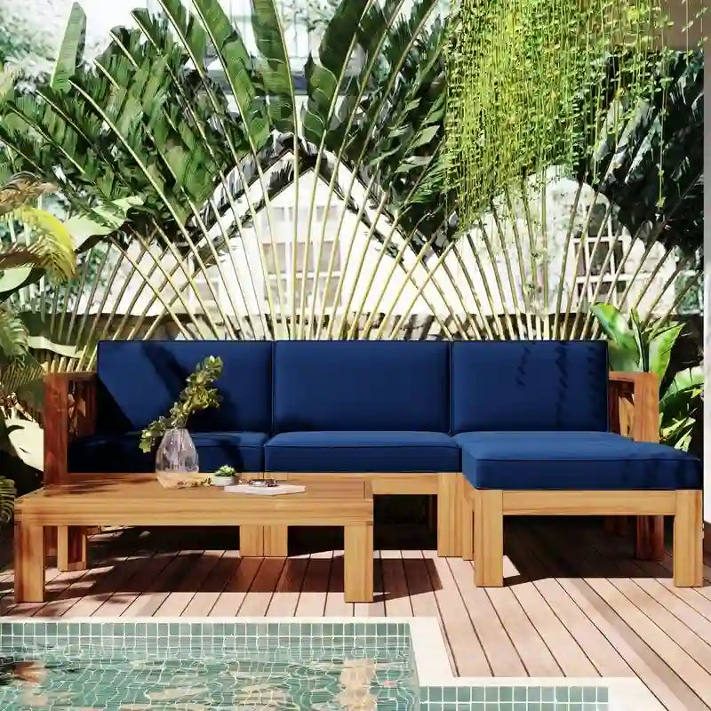 Outdoor Backyard Patio Wood 5-Piece Sectional Sofa Set with Cushions