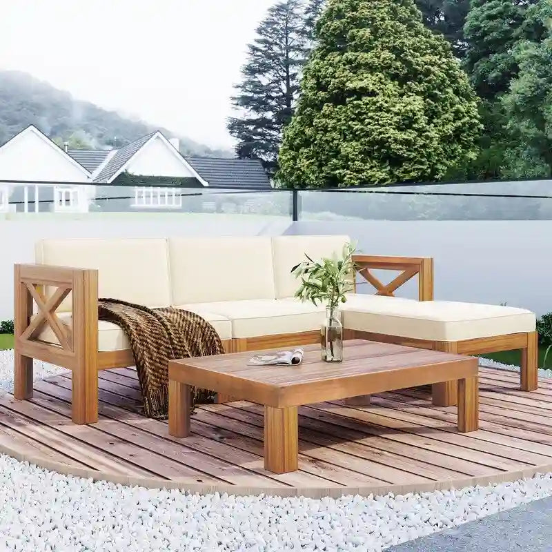 Outdoor Backyard Patio Wood 5-Piece Sectional Sofa Set with Cushions