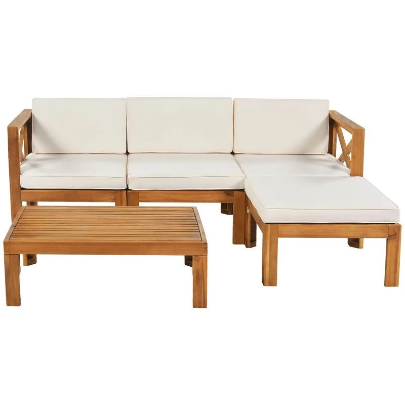 Outdoor Backyard Patio Wood 5-Piece Sectional Sofa Set with Cushions