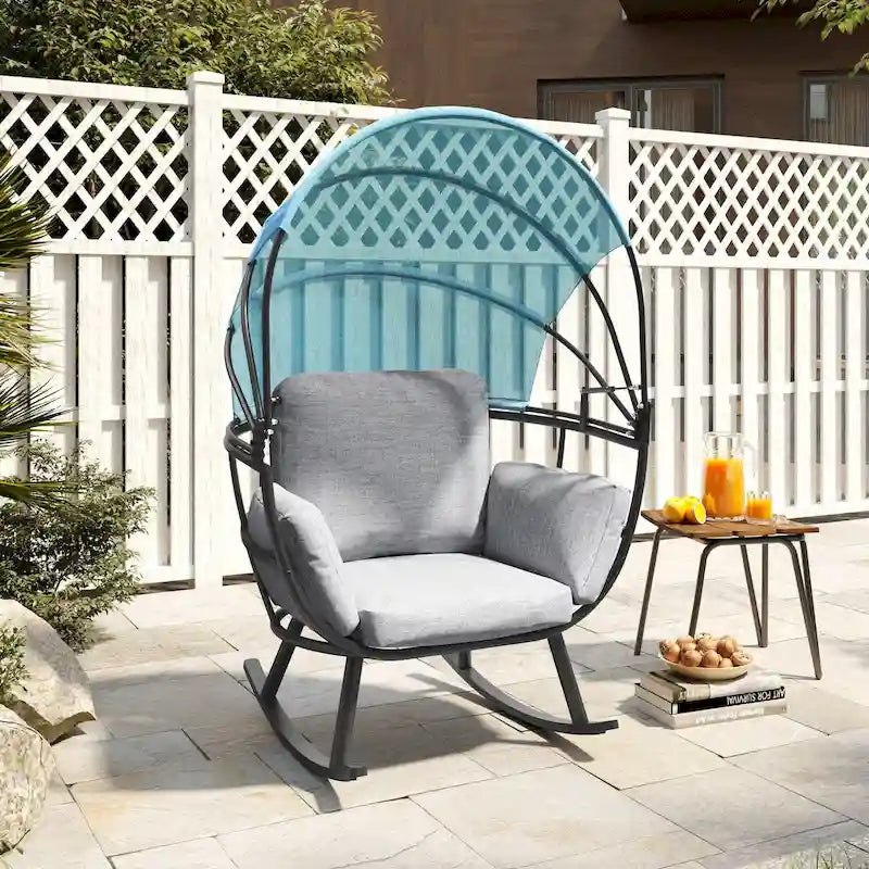 VredHom Outdoor Patio Rocking Egg Chair with Cushion and Folding Canopy