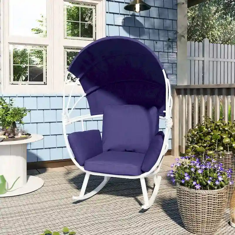 VredHom Outdoor Patio Rocking Egg Chair with Cushion and Folding Canopy