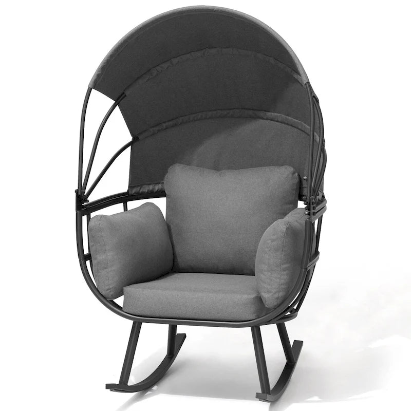VredHom Outdoor Patio Rocking Egg Chair with Cushion and Folding Canopy