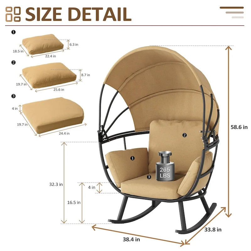 VredHom Outdoor Patio Rocking Egg Chair with Cushion and Folding Canopy