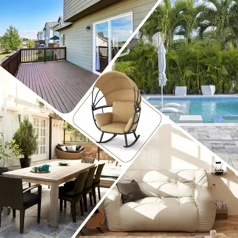 VredHom Outdoor Patio Rocking Egg Chair with Cushion and Folding Canopy