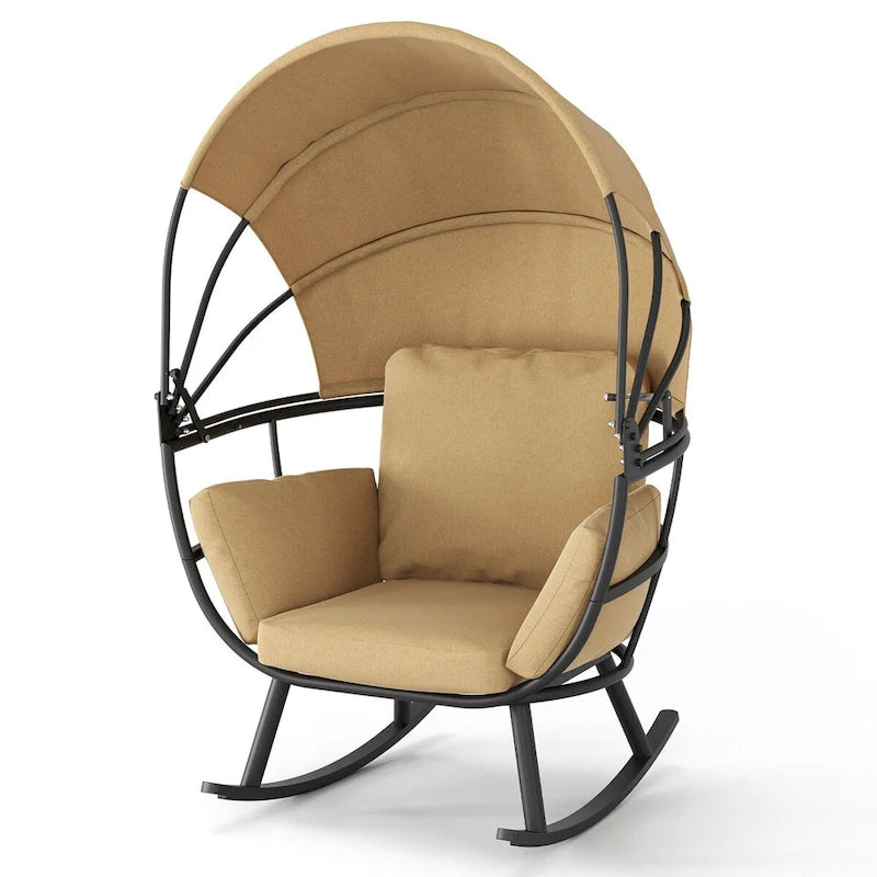 VredHom Outdoor Patio Rocking Egg Chair with Cushion and Folding Canopy