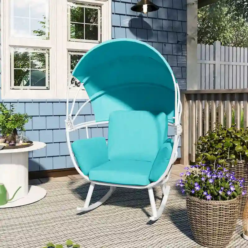 VredHom Outdoor Patio Rocking Egg Chair with Cushion and Folding Canopy