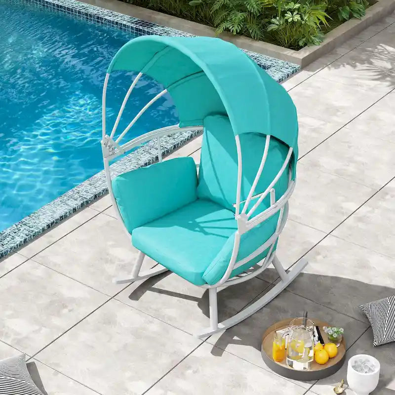 VredHom Outdoor Patio Rocking Egg Chair with Cushion and Folding Canopy