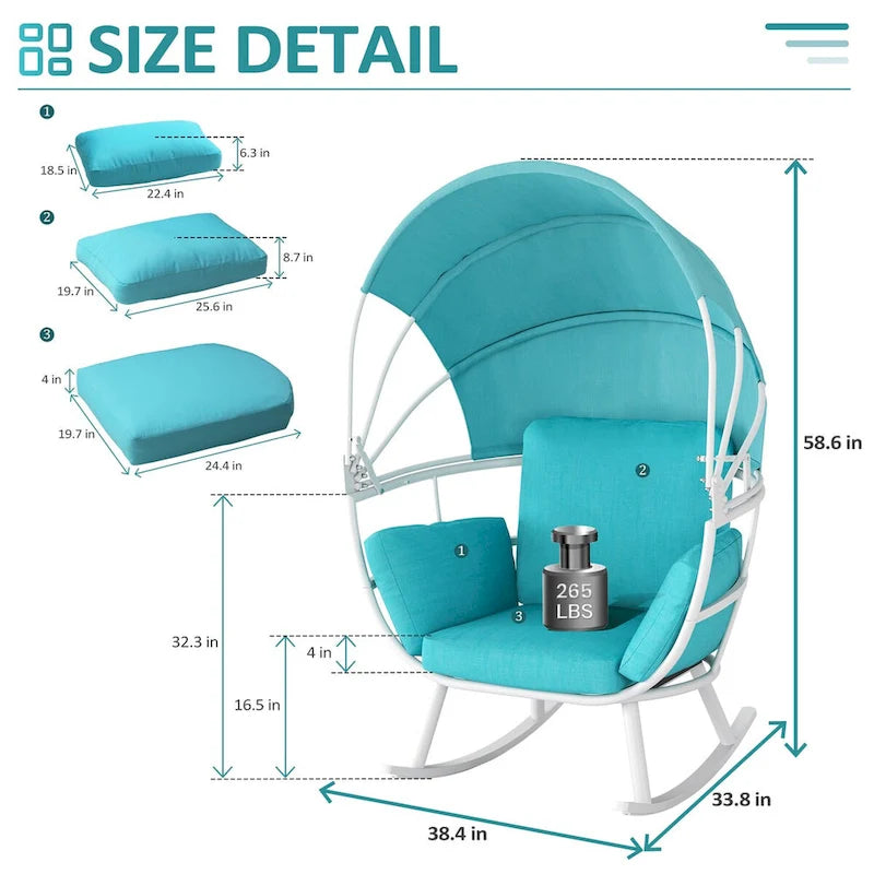 VredHom Outdoor Patio Rocking Egg Chair with Cushion and Folding Canopy