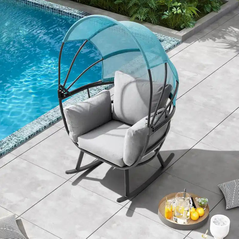 VredHom Outdoor Patio Rocking Egg Chair with Cushion and Folding Canopy