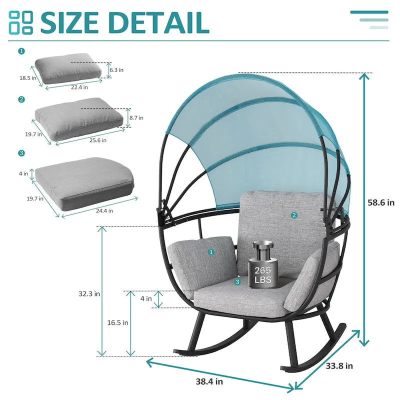 VredHom Outdoor Patio Rocking Egg Chair with Cushion and Folding Canopy