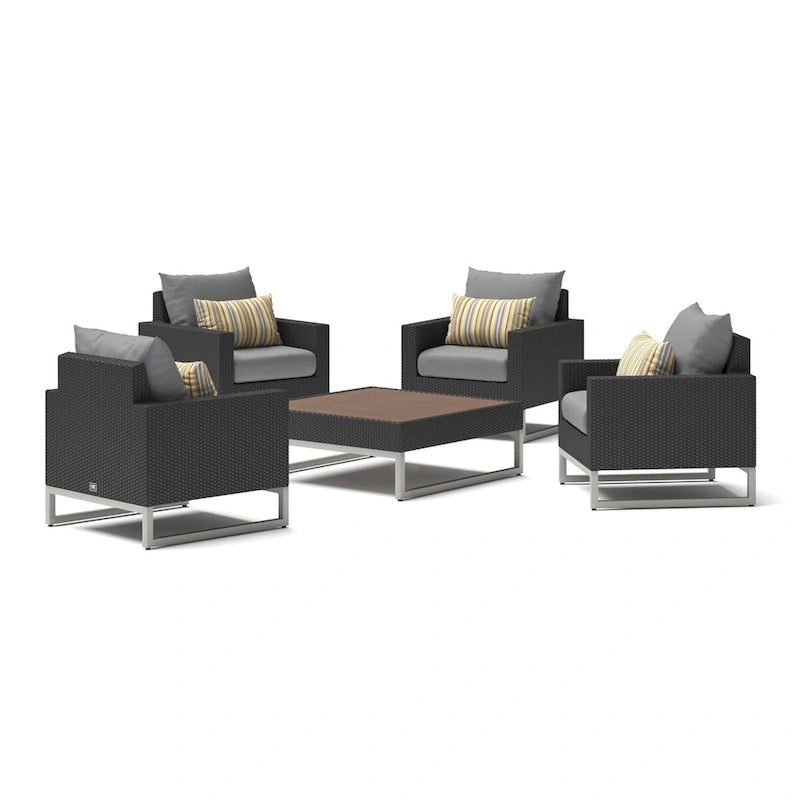 Milo Espresso 5 Piece Sunbrella Outdoor Patio Club Chair Conversation Set