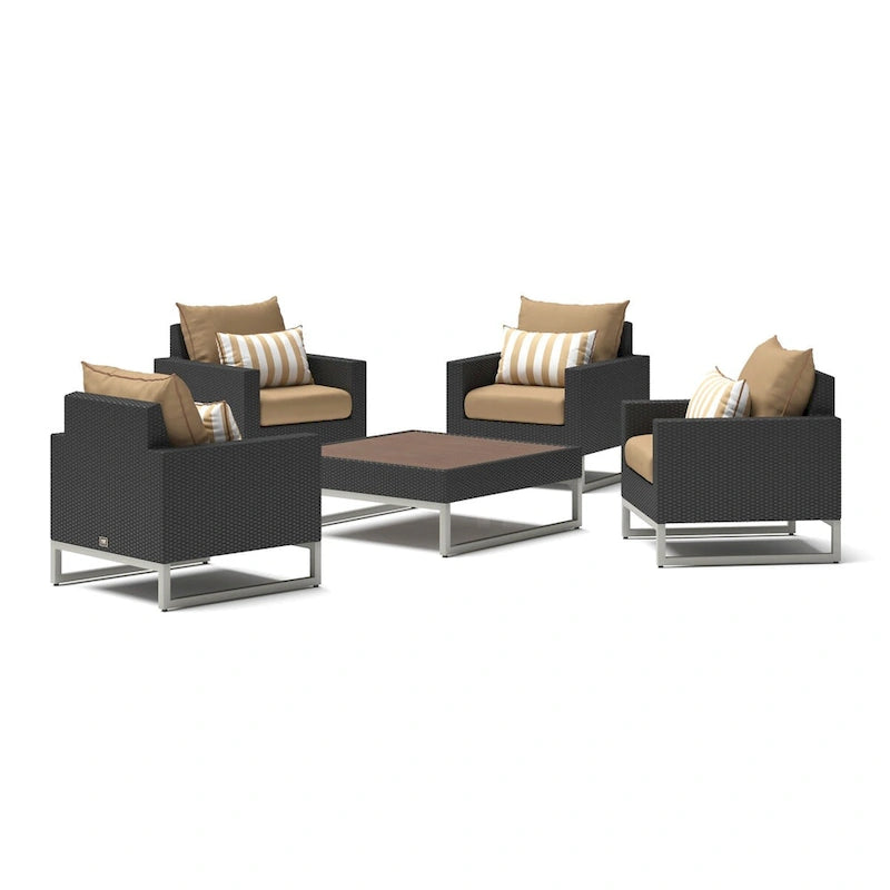Milo Espresso 5 Piece Sunbrella Outdoor Patio Club Chair Conversation Set