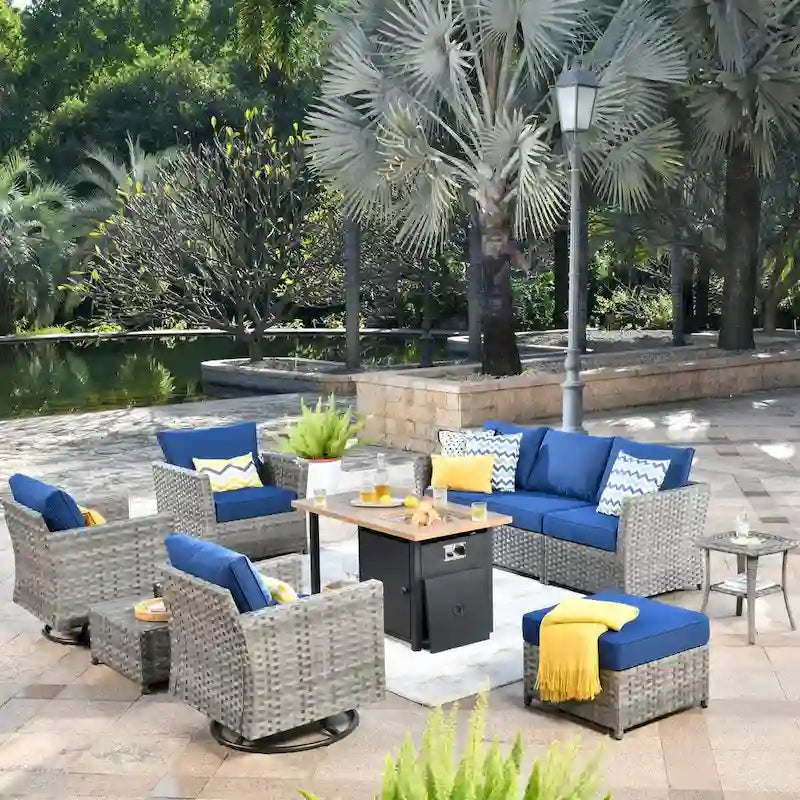 OVIOS 10-Piece Patio Wicker Conversation Rocking Chair Set With Fire Table