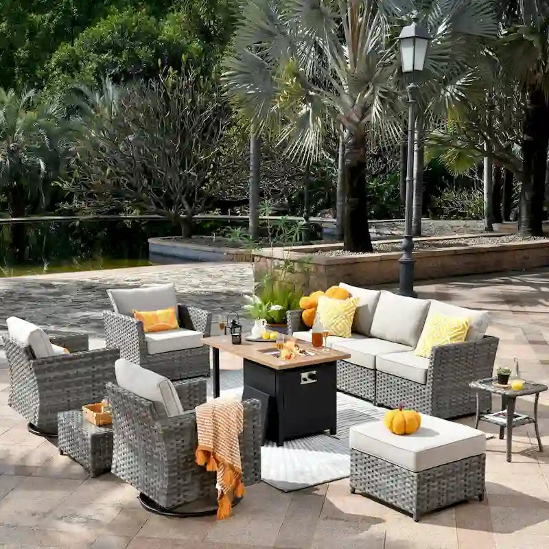 OVIOS 10-Piece Patio Wicker Conversation Rocking Chair Set With Fire Table