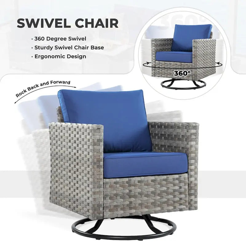 OVIOS 10-Piece Patio Wicker Conversation Rocking Chair Set With Fire Table