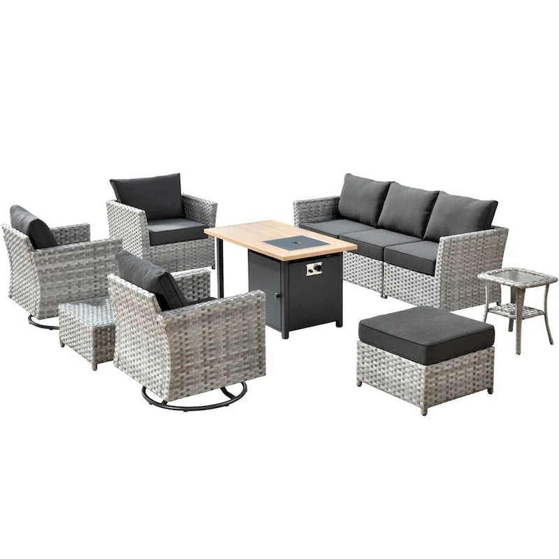 OVIOS 10-Piece Patio Wicker Conversation Rocking Chair Set With Fire Table