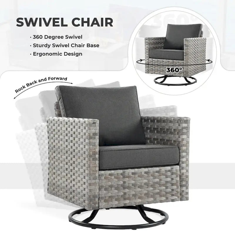 OVIOS 10-Piece Patio Wicker Conversation Rocking Chair Set With Fire Table