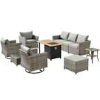 OVIOS 10-Piece Patio Wicker Conversation Rocking Chair Set With Fire Table