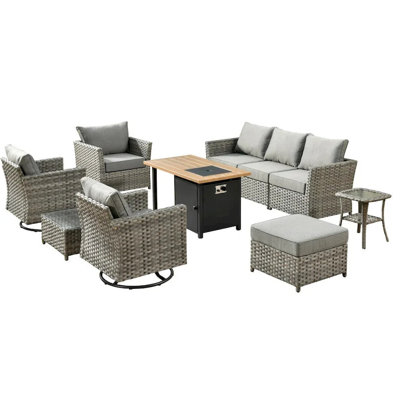 OVIOS 10-Piece Patio Wicker Conversation Rocking Chair Set With Fire Table