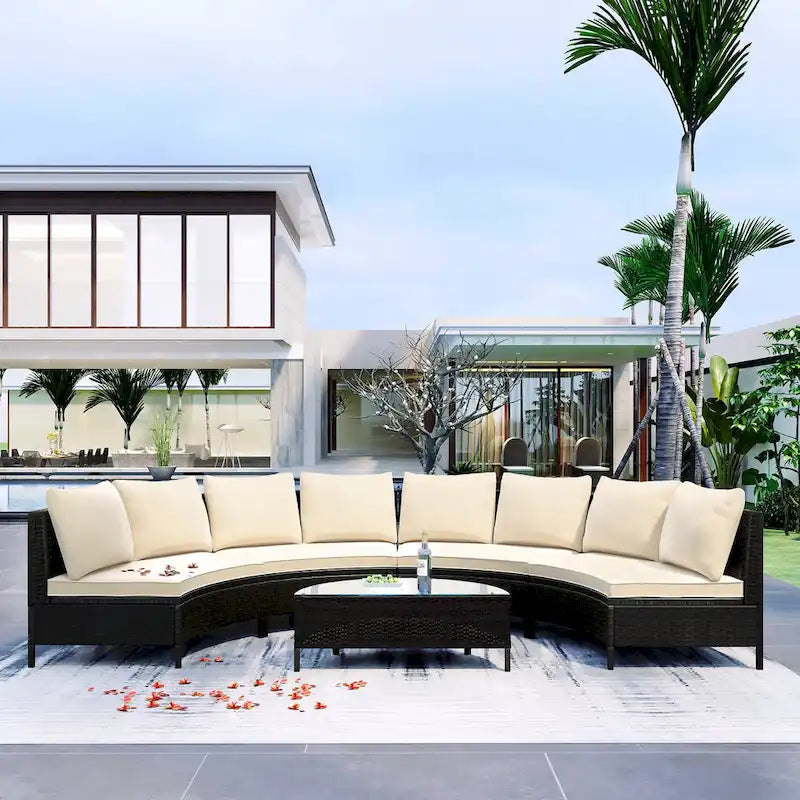 5-Pieces All-Weather PE Rattan Wicker Half-Moon Sofa Set