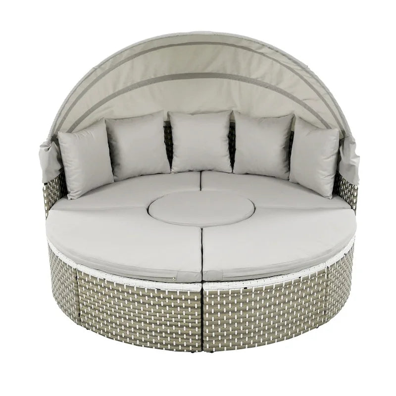 Patio Furniture, Round Outdoor Sectional Sofa Set, Rattan Daybed with Retractable Canopy, Removable Cushion
