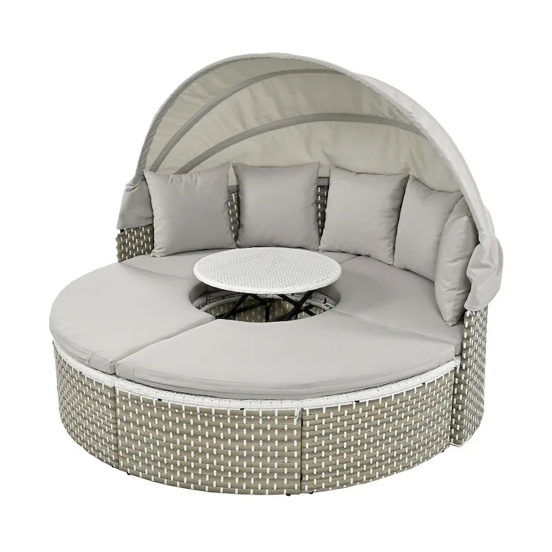 Patio Furniture, Round Outdoor Sectional Sofa Set, Rattan Daybed with Retractable Canopy, Removable Cushion