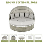 Patio Furniture, Round Outdoor Sectional Sofa Set, Rattan Daybed with Retractable Canopy, Removable Cushion