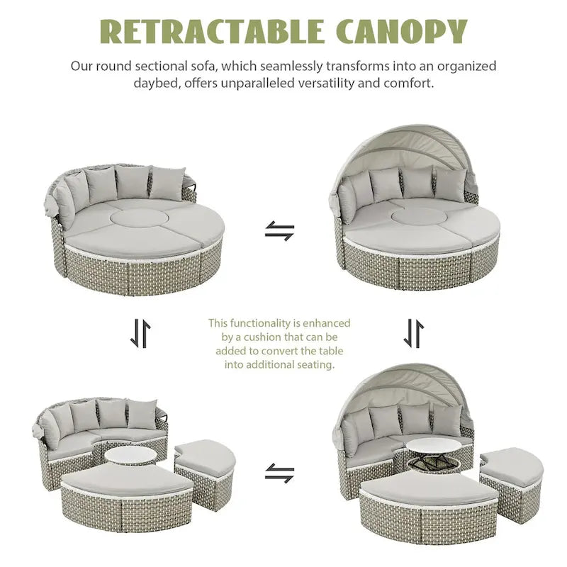 Patio Furniture, Round Outdoor Sectional Sofa Set, Rattan Daybed with Retractable Canopy, Removable Cushion