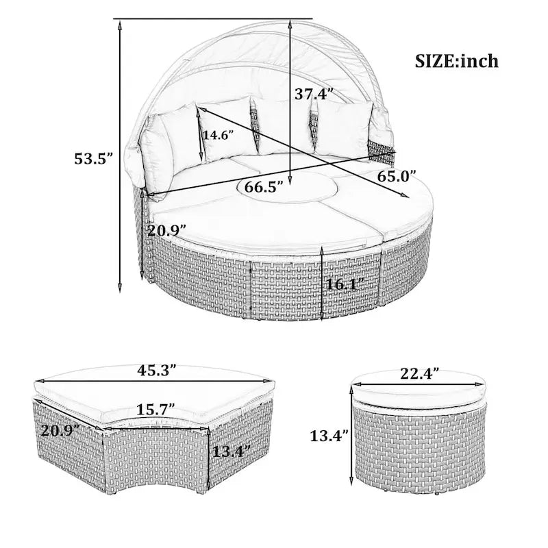 Patio Furniture, Round Outdoor Sectional Sofa Set, Rattan Daybed with Retractable Canopy, Removable Cushion