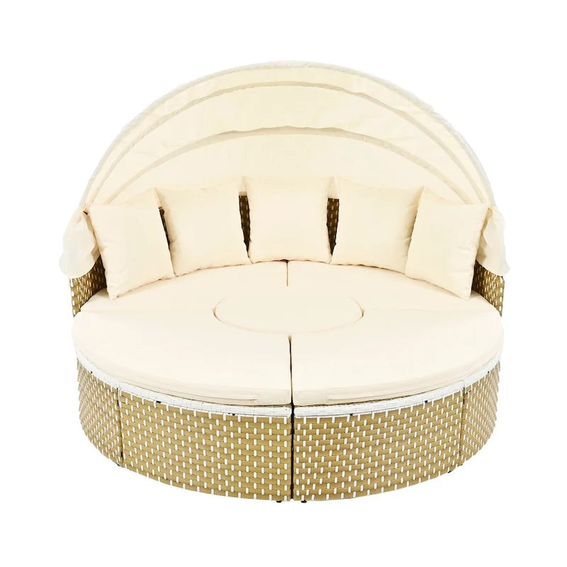 Patio Furniture, Round Outdoor Sectional Sofa Set, Rattan Daybed with Retractable Canopy, Removable Cushion