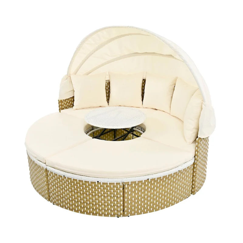 Patio Furniture, Round Outdoor Sectional Sofa Set, Rattan Daybed with Retractable Canopy, Removable Cushion