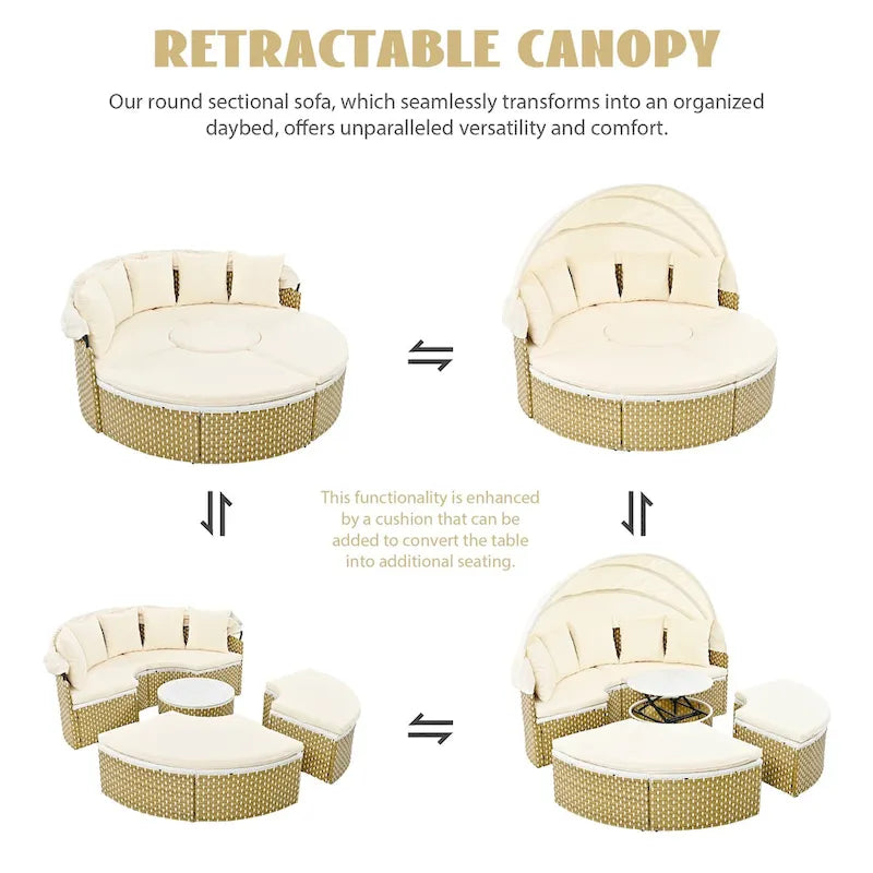 Patio Furniture, Round Outdoor Sectional Sofa Set, Rattan Daybed with Retractable Canopy, Removable Cushion