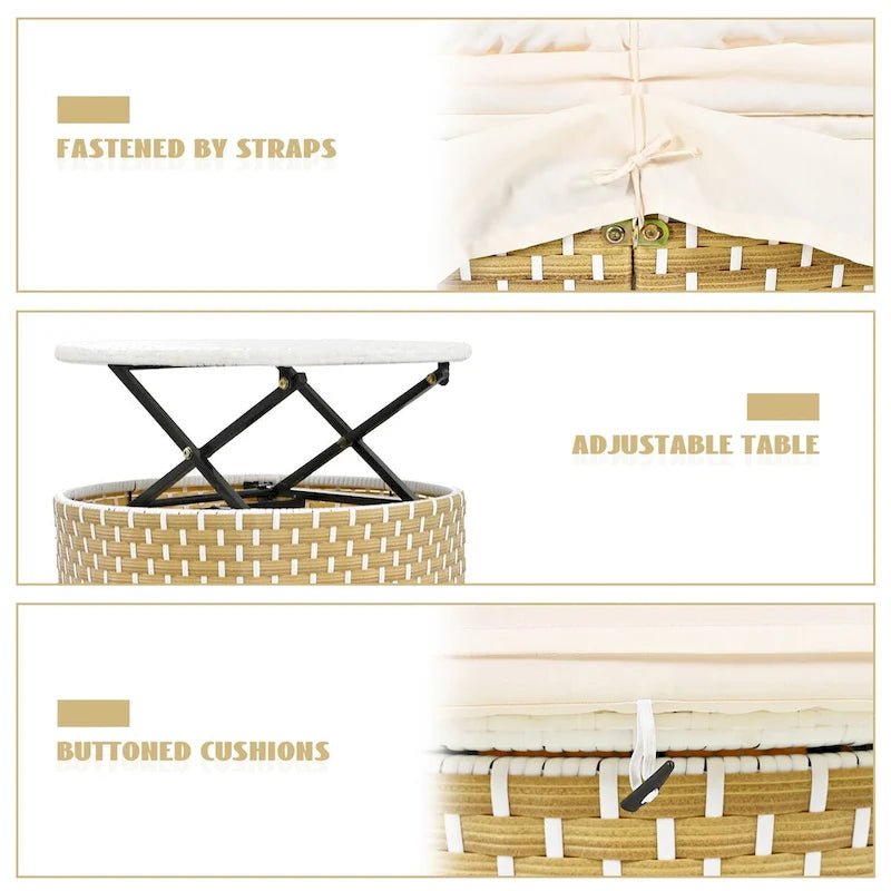Patio Furniture, Round Outdoor Sectional Sofa Set, Rattan Daybed with Retractable Canopy, Removable Cushion
