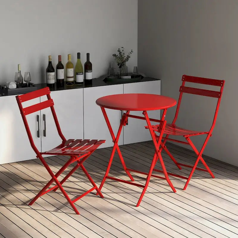 3 Piece Patio Bistro Set of Foldable Round Table and Chairs, Red