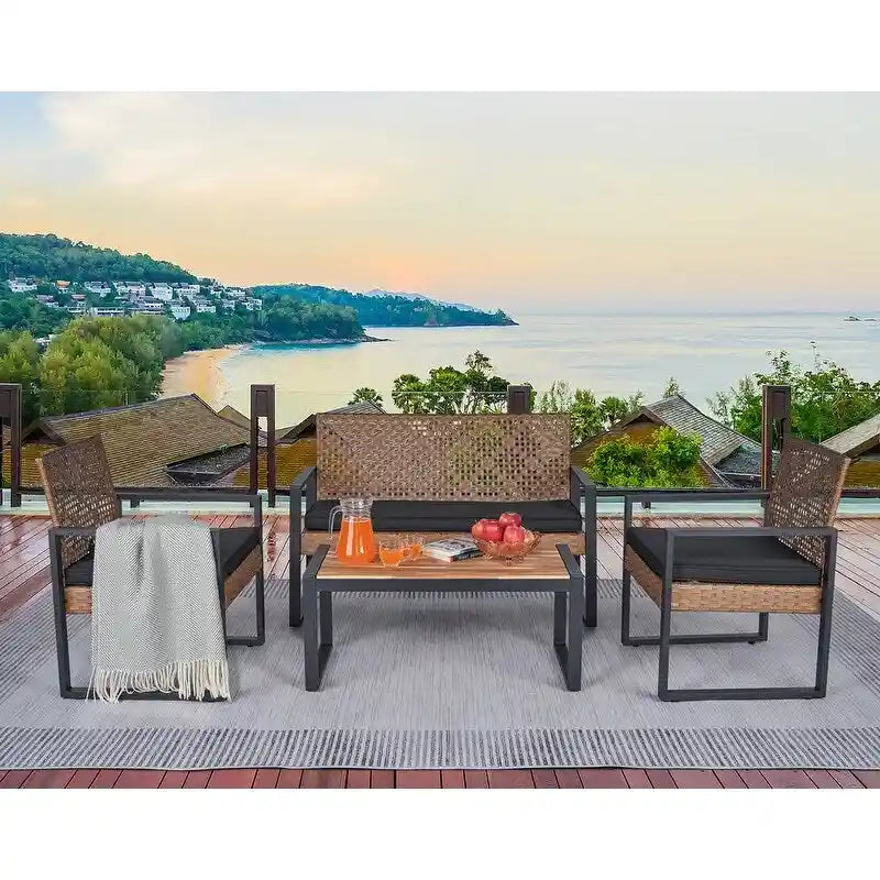 4-Piece Acacia Wood Table Top Patio Furniture Conversation Set for Balcony Porch Garden Backyard Lawn