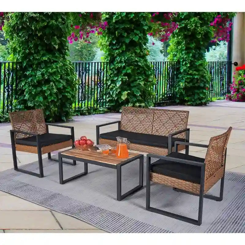 4-Piece Acacia Wood Table Top Patio Furniture Conversation Set for Balcony Porch Garden Backyard Lawn