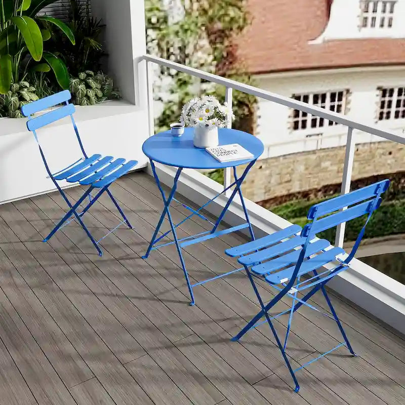 3-Piece Metal Round Outdoor Bistro Set Foldable Patio Dining Sets with Beige Cushions