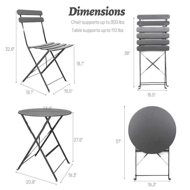 3-Piece Metal Round Outdoor Bistro Set Foldable Patio Dining Sets with Beige Cushions