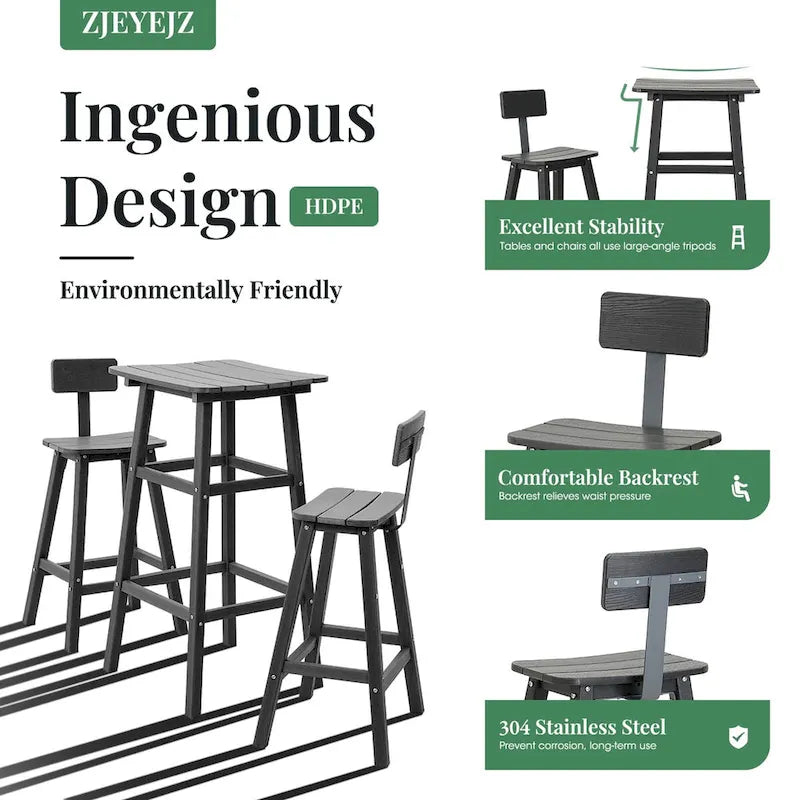 3-Piece HDPE Square High Outdoor Serving Bar Set