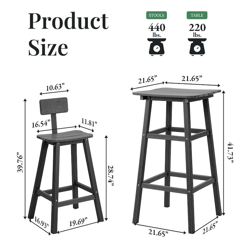 3-Piece HDPE Square High Outdoor Serving Bar Set