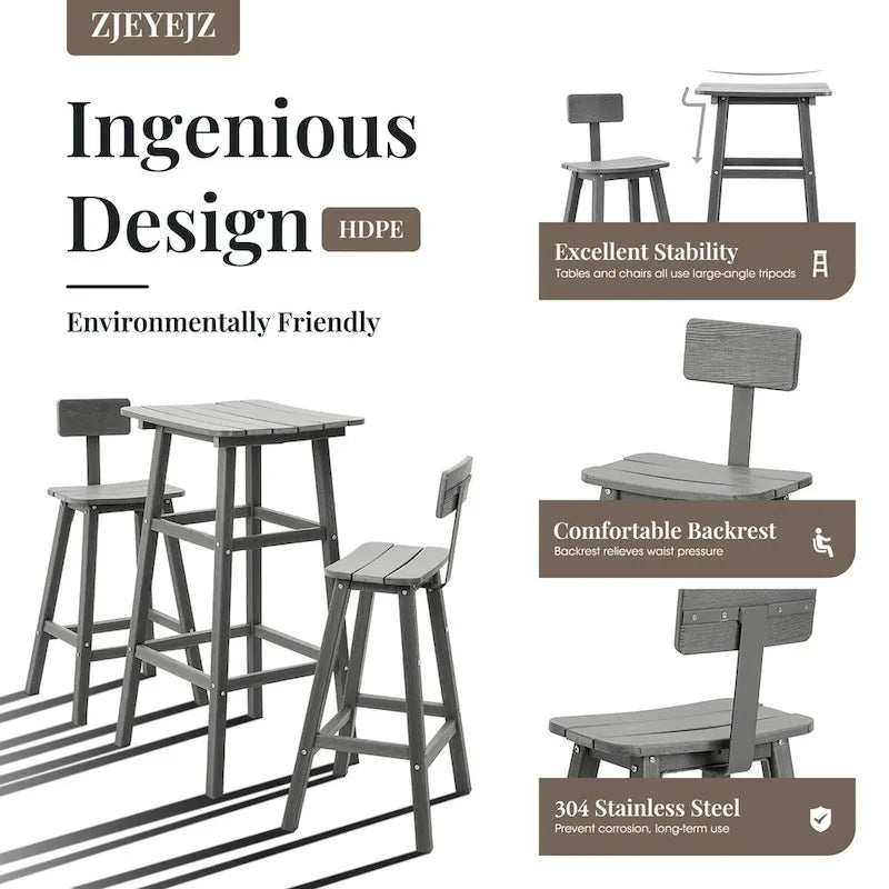 3-Piece HDPE Square High Outdoor Serving Bar Set